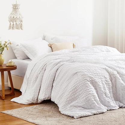 Love's cabin Seersucker White King Size Comforter Set, 7-Piece All Season Lightweight Bed in a Bag Bedding Set with Comforter, Flat Sheet, Fitted Sheet, Pillowcases and Shams | Soft, Breathable, Lightweight