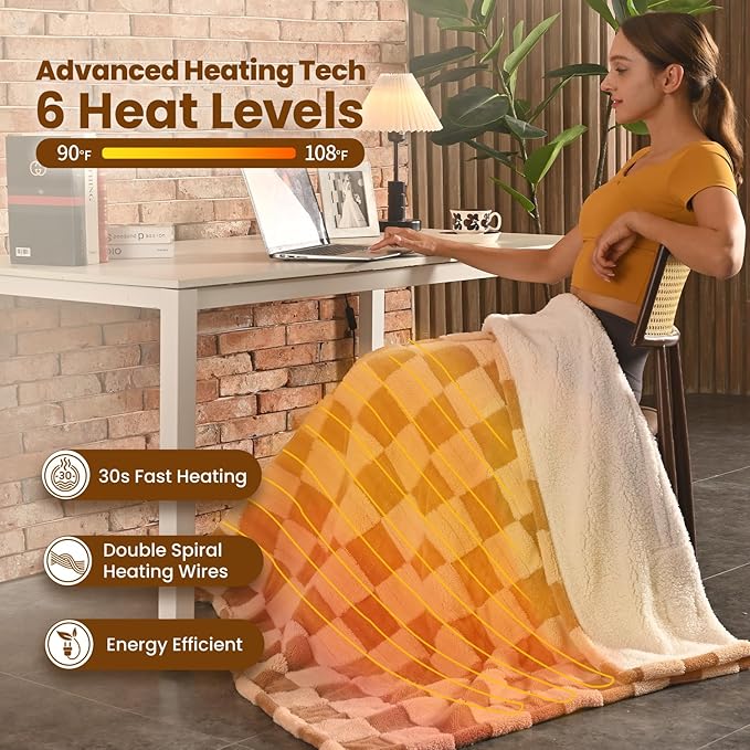 Bearhug Heated Throw Blanket 50" × 60", Electric Blanket Reversible Brown Plaid Sherpa, 4h Auto-Off Timer & 6 Heating Levels, Reversible Heated Throw, ETL Certified, Machine Washable, Gift Box