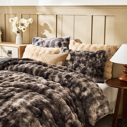 Lotus Karen Faux Fur Full Comforter Set – Tie-Dye Dark Gray Fluffy Comforter Full Size, Big Bubble Faux Rabbit Fur Bedding Comforter Sets, Cozy Fuzzy Bed Set 3 Pieces, 1 Comforter and 2 Pillowcases
