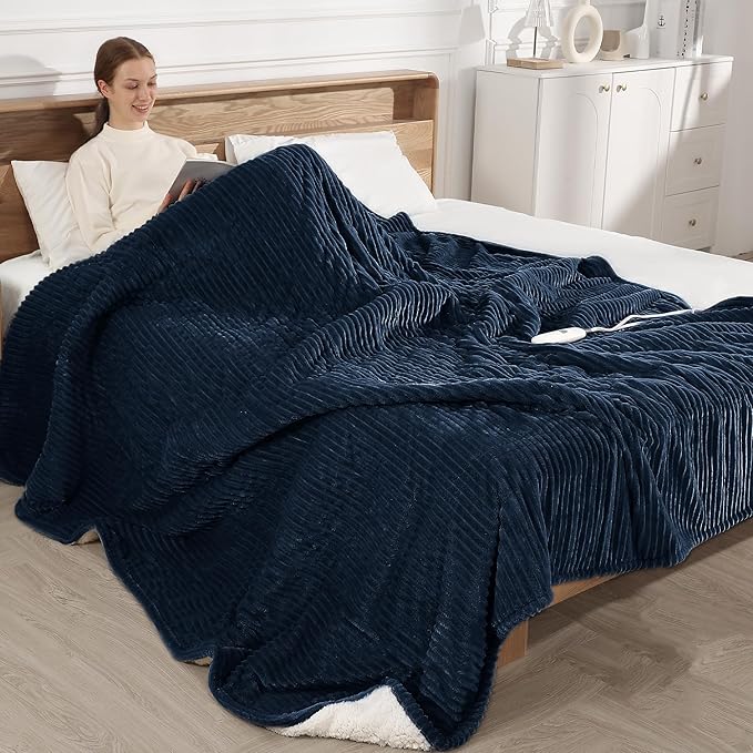 King Size Electric Blanket, Fast Heating Blanket with Dual Controls, 5 Heat Settings, 10-Hour Auto Off, Striped Flannel & Sherpa, FCC/ETL Certified, 90''x100'' Navy Blue