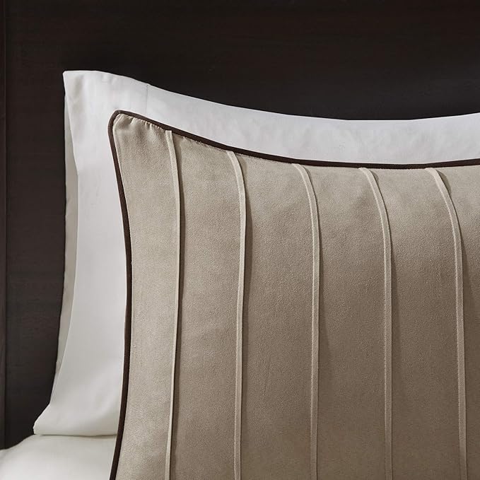 Madison Park Cozy Comforter Set Casual Blocks Design All Season, Matching Bed Skirt, Decorative Pillows, Full(82"x90"), Dune Suede, Beige Brown, 7 Piece