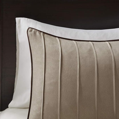 Madison Park Cozy Comforter Set Casual Blocks Design All Season, Matching Bed Skirt, Decorative Pillows, Full(82"x90"), Dune Suede, Beige Brown, 7 Piece