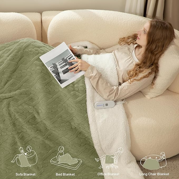 Twin Electric Blanket 62"X84" Green - Soft Thick Warm Sherpa Heated Blanket for Winter with 5 Fast Heating Levels & 10hrs Auto Off for Women Gift, Washable & ETL Certified for Office, Bed