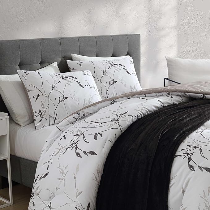 Kenneth Cole - Comforter Set, Super Soft Bedding with Matching Shams & Bonus Throw Blanket, Luxurious Home Decor (Ink Wash Vine Charcoal, Queen)