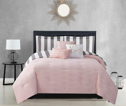 Juicy Couture Cabana Stripe Reversible Bedding Set - King Size - Grey and White Stripe Print – 6 Piece Set – Includes 1 104" x 90" Comforter, 3 Decorative Pillows, 2 Shams