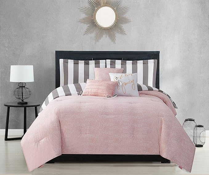 Juicy Couture – Comforter Set, Cabana Stripe Design, Twin Bedding, 5 Piece Set Includes 1 Comforter, 1 Sham and 3 Decorative Pillows, 100% Microfiber Polyester, Wrinkle Resistant