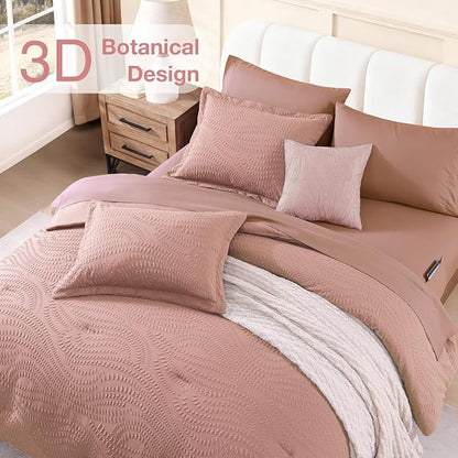 Geniospin Queen Comforter Set - 7 Pieces Dusty Pink Bedding Set, Botanical Textured Comforter Bed Set, All Season Lightweight Bed in a Bag with Comforter, Sheets, Pillowcases & Shams