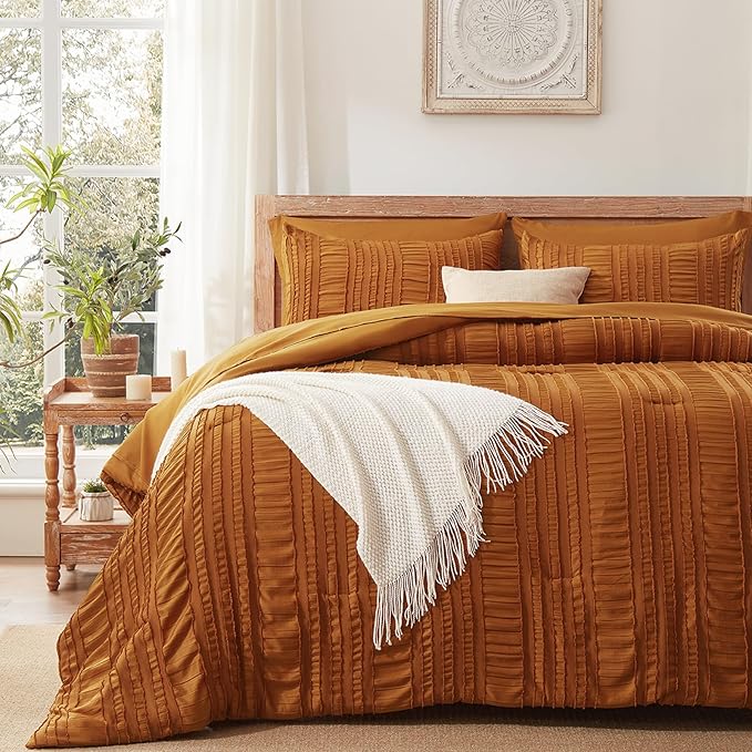 Burnt Orange Tufted Textured Comforter Set Queen Size, 7 Piece Bed in a Bag，Shabby Chic Boho Bedding for Bedroom Comforter，All Season Soft Microfiber Ruffle Comforter Set with Pillow and Sheets