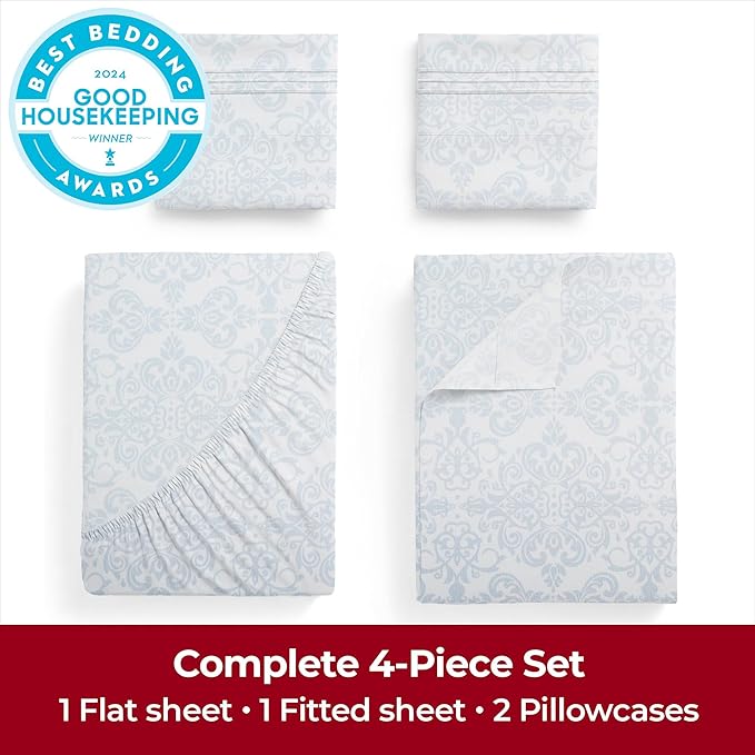 Mellanni Extra Deep Queen Sheets - 4 PC Iconic Collection Bedding - Hotel Luxury, Ultra Soft, Cooling Bed Sheets - Wrinkle, Fade, Stain Resistant (Queen, Laced Sky Blue)
