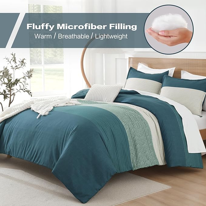 Litanika Comforter Set Queen Size Dark Teal - 3 Pieces Lightweight Colorblock Stripe Fluffy Bedding Comforter Sets, All Season Bed Set