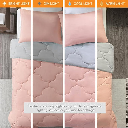 Comfort Spaces Vixie Reversible Comforter Set - Trendy Casual Geometric Quilted Cover, All Season Down Alternative Cozy Bedding, Matching Sham, Coral/Gray, Twin/Twin XL 2 piece