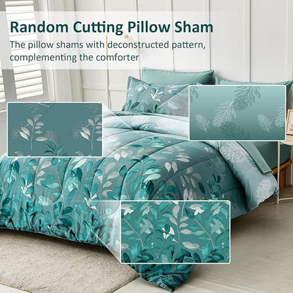 Anibedding Aqua Comforter Set King Size, 7 Pieces Botanical Leaves Reversible Soft Microfiber Bed in a Bag with Sheets Set for All Season (104"x90")