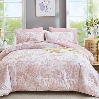 DJY King Size Comforter Set, 7 Pieces Bed in a Bag King Pink Botanical Comforters with Sheets Elegant Plants Print Christmas Soft Microfiber Reversible Complete Bedding Sets for All Season