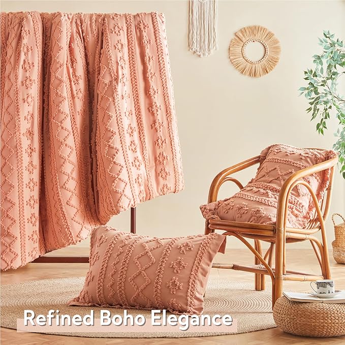 MR&HM Twin XL Comforter Set Coral Pink, 5 Pieces Tufted Boho Beddding Sets, Farmhouse Style Bed in a Bag with 1 Comforter, 1 Pillow Sham, 1 Pillowcase, 1 Flat Sheet, 1 Fitted Sheet for College Dorm