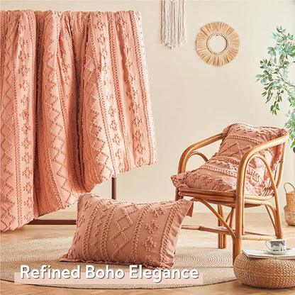 MR&HM California King Comforter Set Coral Pink, 7 Pieces Tufted Boho Beddding Sets, Farmhouse Style Bed in a Bag with 1 Comforter, 2 Pillow Shams, 2 Pillowcases, 1 Flat Sheet, 1 Fitted Sheet