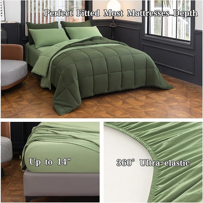 Twin XL Comforter Set - 7 Piece Green All-Season Bedding with Ultra Soft Reversible Lightweight Comforter, Bed Skirt, Flat Sheets, Pillowcases & Pillow Shams