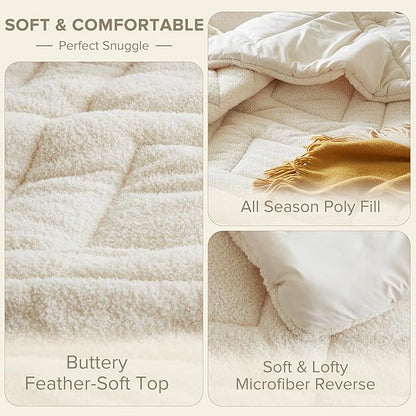 Comfort Spaces King Comforter Set Reversible Feather-Soft Plush Comforters for King Size Bed All Season Lightweight Shearling Fleece Sherpa Comforter King Size Bed Set, King/Cal King, Ivory 3 Piece