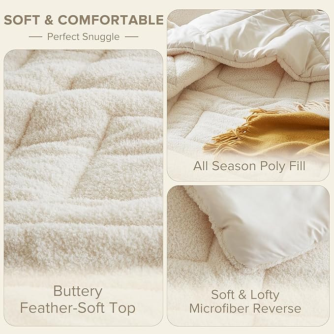 Comfort Spaces Twin Comforter Set Reversible Feather-Soft Plush Comforters for Twin Size Bed All Season Lightweight Shearling Fleece Sherpa Comforter Twin Size Bed Set, Twin/Twin XL, Ivory 2 Piece