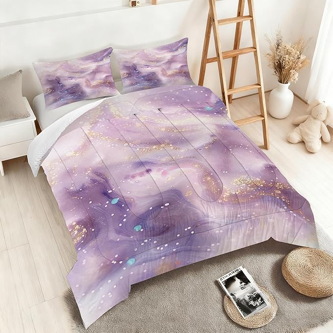 Glitter Purple Marble Comforter Set Queen Size Lavender Bedding Set Tie Dye Marbling Quilt Set Luxury Marbled Texture Watercolor Light Purple Fluid Bed Set with 1 Comforter + 2 Pillowcases