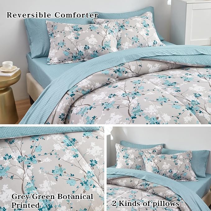 Flysheep Gray Botanical Bed in a Bag King Size 7 Pieces, Aqua Grey Leaves Elegant Floral Comforter Bedding Set All Season(1 Comforter, 1 Flat Sheet, 1 Fitted Sheet, 2 Pillow Shams and 2 Pillowcases)