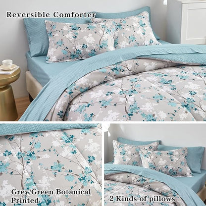 Flysheep Gray Botanical Bed in a Bag Twin Size 6 Pieces, Aqua Grey Leaves Elegant Floral Comforter Bedding Set All Season(1 Comforter, 1 Flat Sheet, 1 Fitted Sheet, 2 Pillow Shams and 1 Pillowcase)