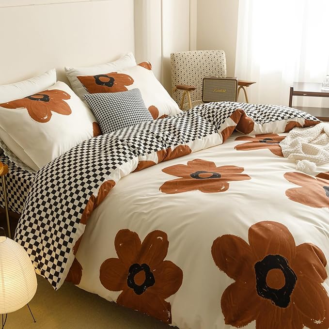 Wellboo Boho Floral Comforter Sets King Pumpkin Sunflower Bedding Set Cotton Women Girls White and Pumpkin Botanical Bed Brown Floral Quilts Large Flower Plant Blankets Watercolor Flower Bohemian Bed