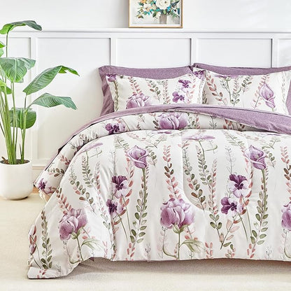 AIKASY Bed in a Bag 6-Piece Twin Comforter Set - Soft Microfiber Bedding with Elegant Floral, Lightweight and Breathable for All-Season (Regal Purple)