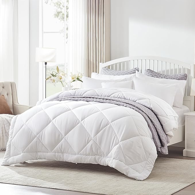 Comforter King Size, 7 Pieces Luxurious All Season Cooling Fluffy Soft Quilted Down Alternative Comforter (102x90 Inch), Box Stitched (White Square, King)