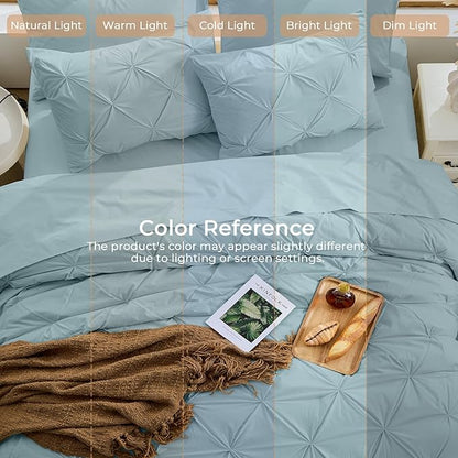Sasttie Twin Comforter Set, 5-Piece Bed in a Bag, Pintuck Bedding Sets for All Season, Includes Comforter, Flat Sheet, Fitted Sheet, Pillowcase and Pillowsham, Greylish Blue