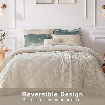 Intelligent Design Velvet Comforters King Bedding Reversible, All Season, Diamond Quilted Bedding Microfiber Comforters, Felicia, King/Cal King, Champagne 4 Piece