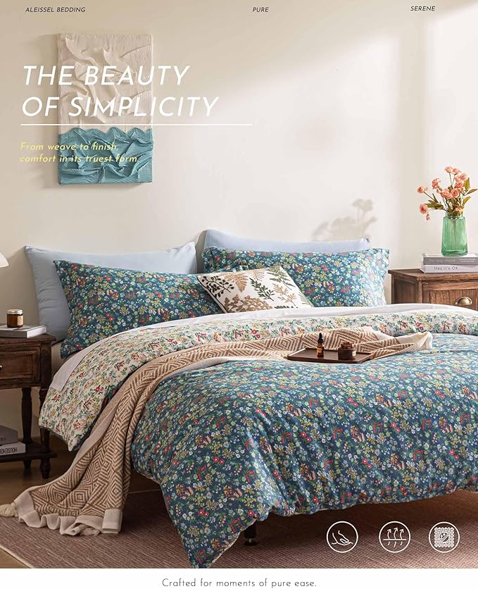 Cotton Floral Comforter Queen Size - 3PC Lightweight Bedding Sets with Ultra-Soft Alternative Fill, Luxurious Reversible Design with Vibrant Floral Pattern, Deep Slate Blue & White Options