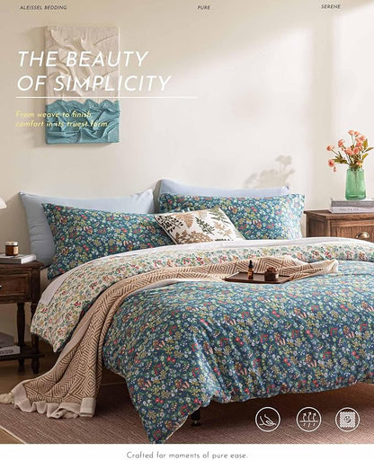 Cotton Floral Comforter Queen Size - 3PC Lightweight Bedding Sets with Ultra-Soft Alternative Fill, Luxurious Reversible Design with Vibrant Floral Pattern, Deep Slate Blue & White Options
