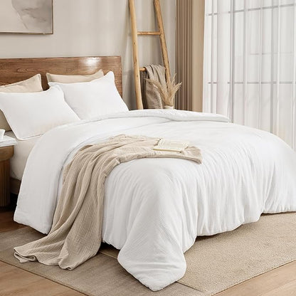PHF Cotton Muslin Comforter Set Queen Size, Ultra Soft, Breathable & Lightweight All-Season Bedding, Filling: 100% Polyester, 3 Pieces with 1 Comforter 90"x90" and 2 Pillow Shams 20"x26", White