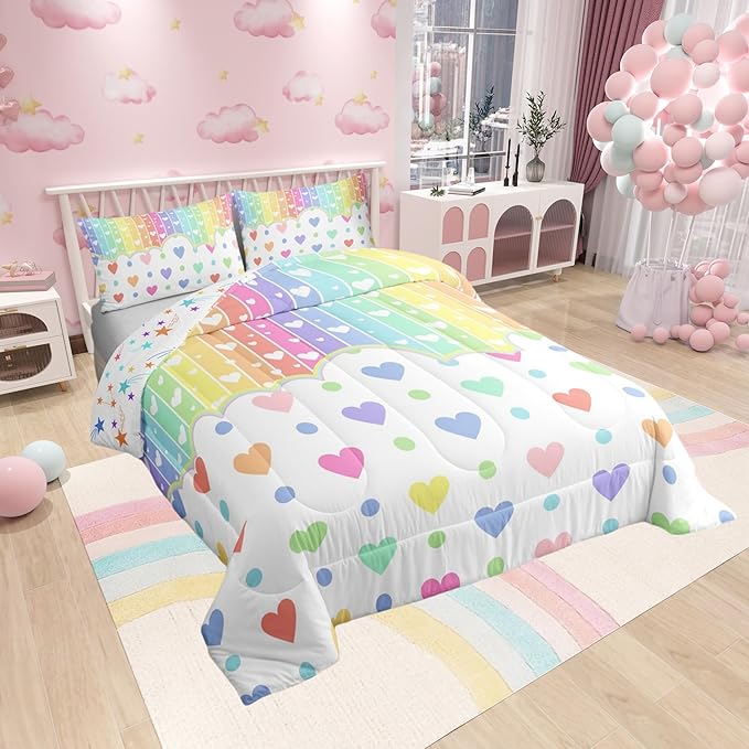 Manfei Cartoon Rainbow Kids Comforter Set Toddler Size,Wave Points Love Heart Dreamy Style Bedding Set,Girls Women Room Decor,Colorful Geometric Stripes Down Comforter,Chic Duvet Insert,1 Pillowcase