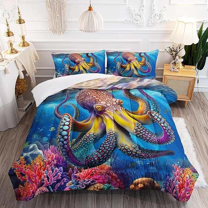 3D Octopus Comforter Set Queen Size 3Pcs Nautical Ocean Bedding Set Seaweed Quilt Bed Set for Boys Girls with 1 Comforter and 2 Pillowcases