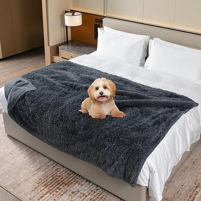 Calming Cat Blanket for Bed 85x57in Couch Sofa Cover Grey Waterproof Dog Blankets for Large Dogs Washable Long Faux Fur Pet Throw Blanket for Puppy Reversible Furniture Protector, (Gray XL)
