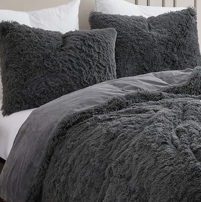 Plush Shaggy Comforter Set Ultra Soft Luxurious Faux Fur Decorative Fluffy Crystal Velvet Bedding with 2 Shams, King, Dark Gray