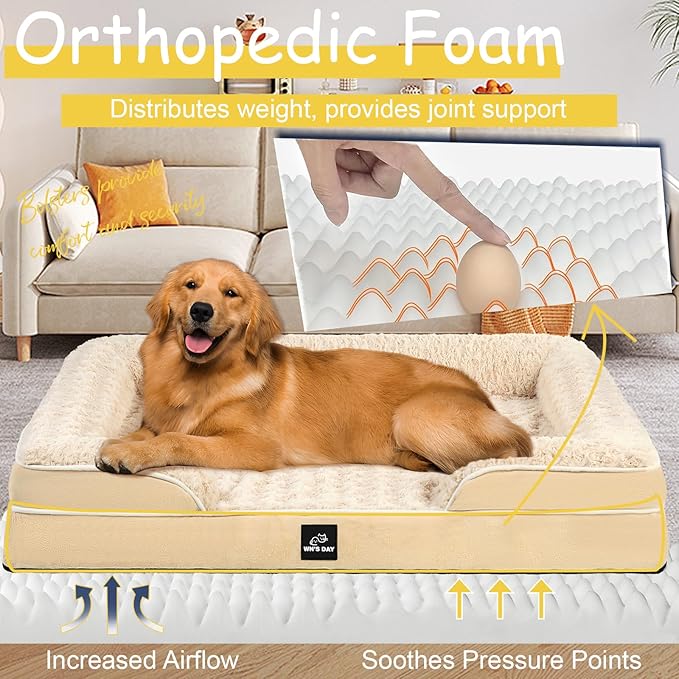 Orthopedic Dog Bed for Large Medium Sized, Washable Memory Foam Large Dog Bed, Durable Medium Pet Sofa with Removable Cover, Washable Waterproof Pet Couch Beds(Beige, XXL)