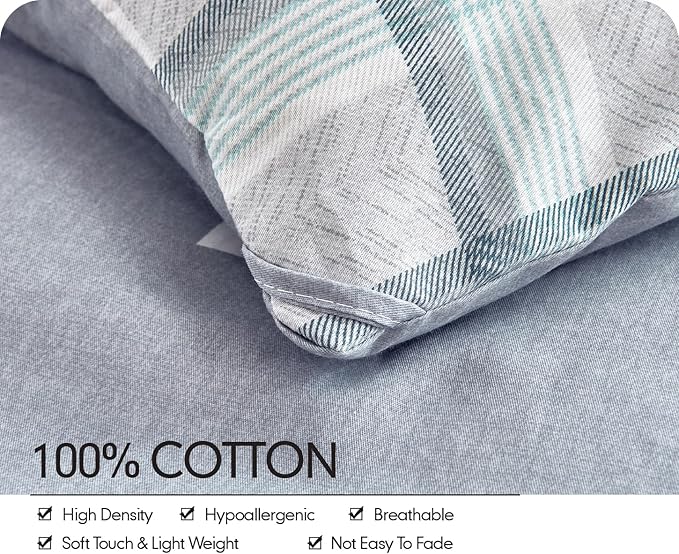 SLEEPBELLA Comforter Queen Size, 600 Thread Count Cotton Reversible Grey Buffalo Pattern Grey Plaid Comforter Sets,Down Alternative Bedding Set 3Pcs (Queen, Grey Plaid)