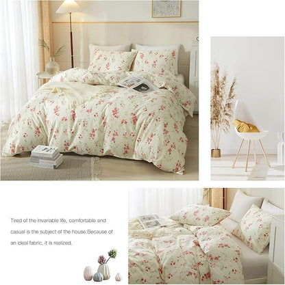 mixinni 3 Pieces Full Comforter Set, Boho Red Floral Printed Bed Comforter, Soft Fluffy Cottagecore Garden Style Flower and Green Leaf Bedding Set with 2 Pillowcases-Full Size