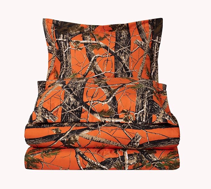 Chezmoi Collection Salem 3-Piece Cabin Lodge Forest Woods Comforter Set - Nature Camo Tree Leaves Printed Soft Microfiber Bedding - Orange, Queen