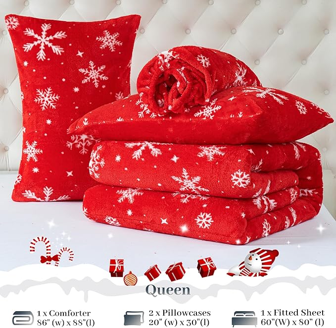 YIYEA Christmas Faux Fur Comforter Set Queen Size with Fitted Sheet, Luxury Ultra Soft Fuzzy Comforter, Fluffy Plush Velvet Bedding Comforter Sets for Fall Winter, Cozy Warmth, No Shedding, 4PC