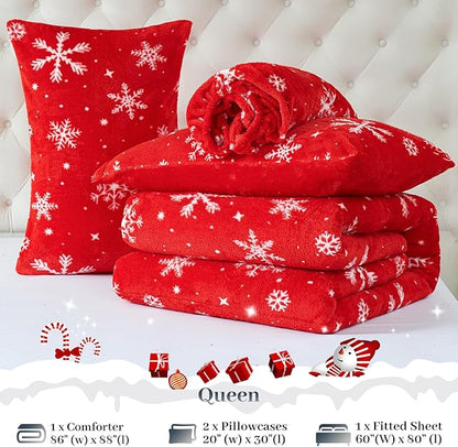 YIYEA Christmas Faux Fur Comforter Set Queen Size with Fitted Sheet, Luxury Ultra Soft Fuzzy Comforter, Fluffy Plush Velvet Bedding Comforter Sets for Fall Winter, Cozy Warmth, No Shedding, 4PC