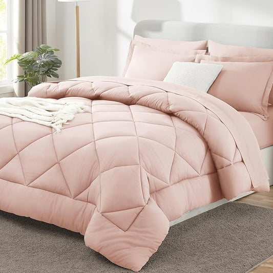 CozyLux Queen Comforter Set Blush Pink - Bed in a Bag Queen Size 7 Pieces, Luxury Soft Bed Set for All Seasons, Bedding Set with Down Alternative Comforter, Sheets, Pillowcases & Shams