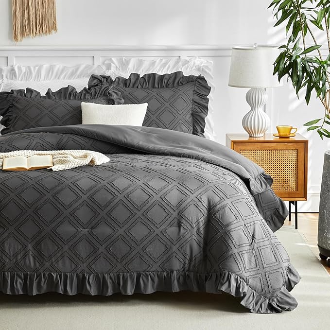 Tufted Grids Ruffle Comforter Set Full/Queen Size, 3 Pieces Dark Grey Vintage Farmhouse Shabby Chic Comforters, Jacquard Boho Bohemian Bedding Set for All Season (1 Ruffled Comforter+ 2 Pillow Shams)