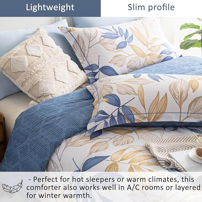 Blue Botanical Cotton Comforter Queen Size - 3PC Lightweight Bedding Sets with Ultra-Soft Alternative Fill, Reversible Design with Leaf Pattern, Dark Blue & White (1 Comforter, 2 Pillowshams)