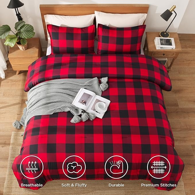 Andency Red and Black Plaid Comforter Set King(104x90Inch), 3 Pieces Buffalo Plaid Checkered Gingham Bedding Comforter Sets, Soft Burgundy Lightweight Geometric Down Alternative Bed Set