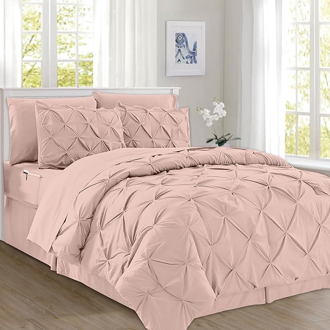 Elegant Comfort 8-Piece Pinch Pleated Comforter Set - All Season Complete Bed in a Bag, Includes 4pc Smart Sheet Set, Bed Skirt, Comforter, Matching Pillowcases and Shams, Twin/Twin XL, Blush Pink
