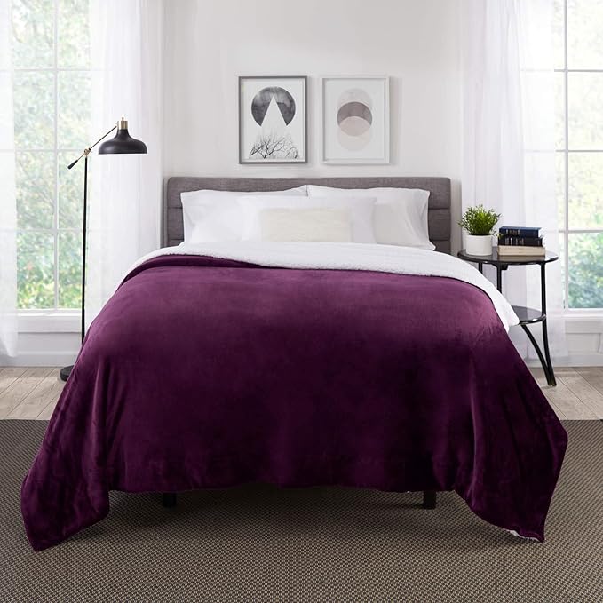 Genteele Sherpa Throw Blanket Super Soft Reversible Ultra Luxurious Plush Blanket, 102 x 90 inches, Rich Purple/White