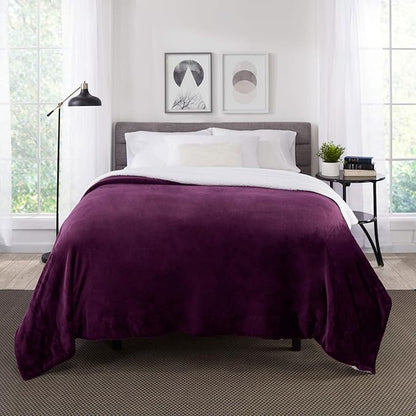 Genteele Sherpa Throw Blanket Super Soft Reversible Ultra Luxurious Plush Blanket, 102 x 90 inches, Rich Purple/White